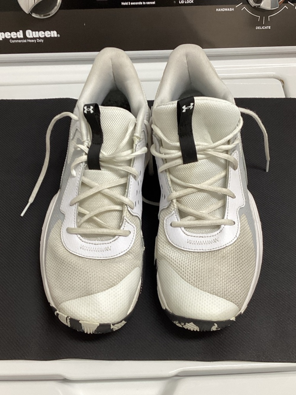 Under Armour White and Light Gray Mesh Athletic Sneakers with Black Tongue Tabs